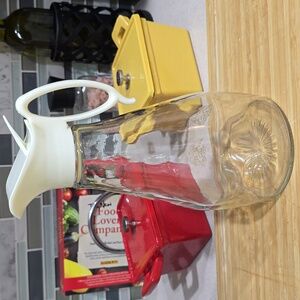 Log Cabin Gold Eagle Design‎ Syrup Pitcher - Glass with Plastic Lid MCM